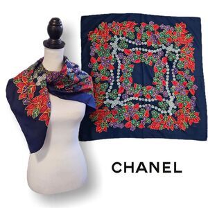Chanel (Authentic) Multicolor Jewel & Floral Print Large Silk Scarf w/ Tag, EUC